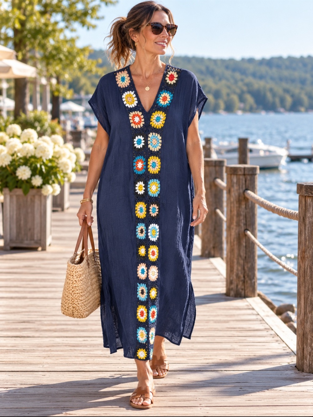 Boho Crochet Granny Square Maxi Kimono Navy Gauze Swim Cover Up